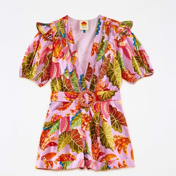 NWT Farm Rio Beaks & Bananas Ruffle Belted Romper Lilac l Medium l MSRP $200 - Picture 4 of 7